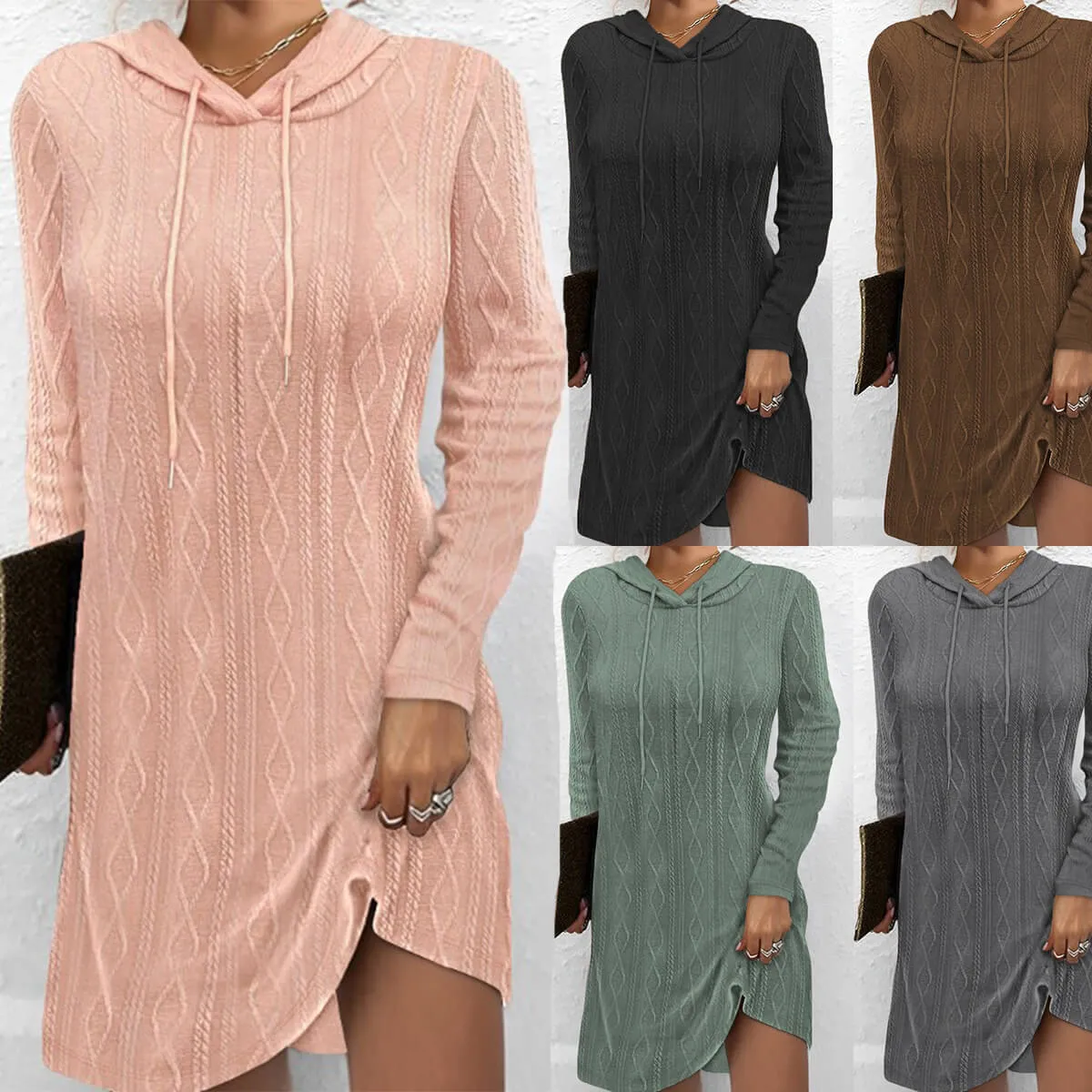 Solid Color Long Sleeve Hooded Pullover Knit Dress